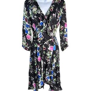 Milly 100% Silk Floral Wrap Dress - Black with Pink and Blue Accents